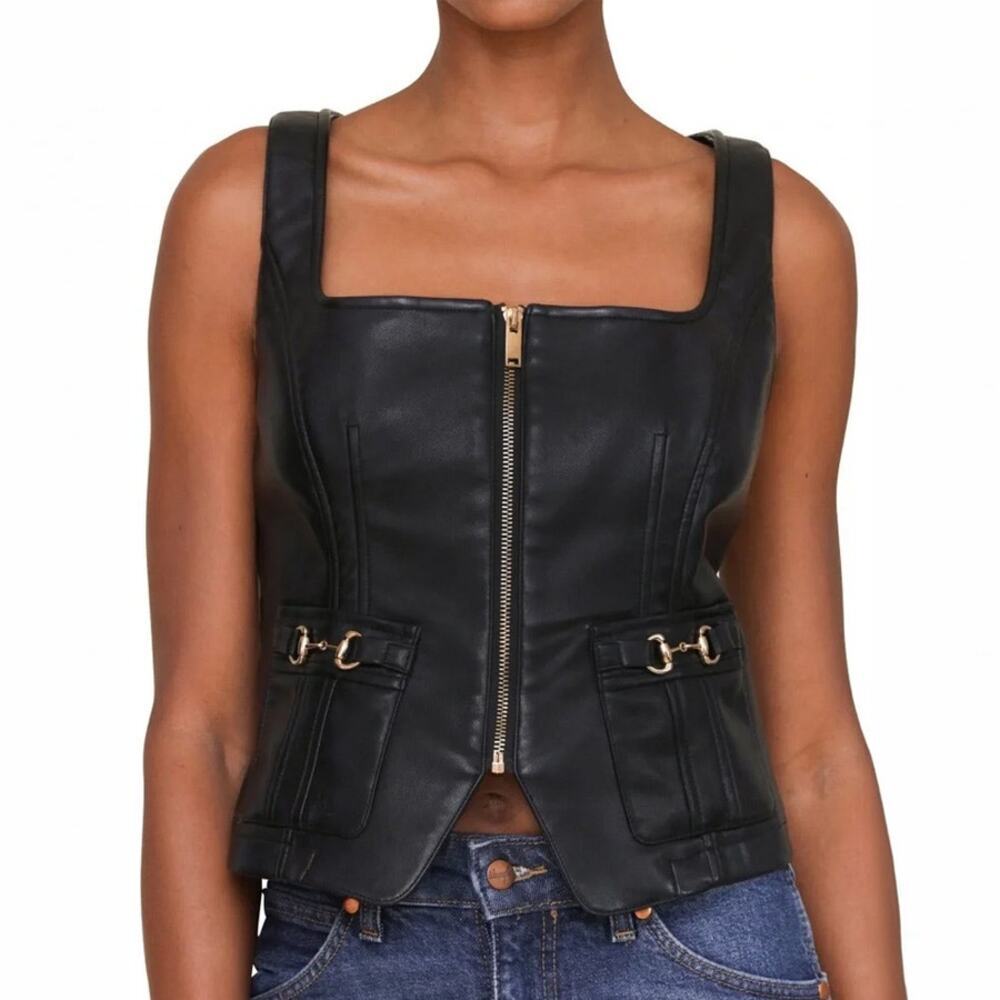 7 For All Mankind Black Faux Leather Houndstooth Vest NWT NEW Size M